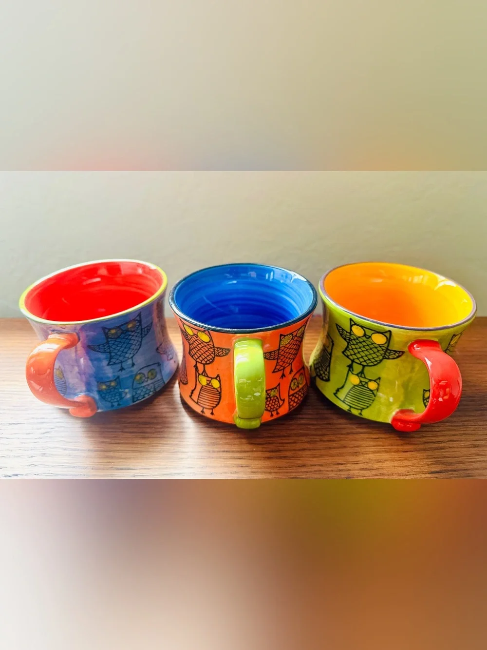 Pier 1 Imports Stackable Owl Mugs Stoneware Hand Painted Set of 3 Mint Brand New